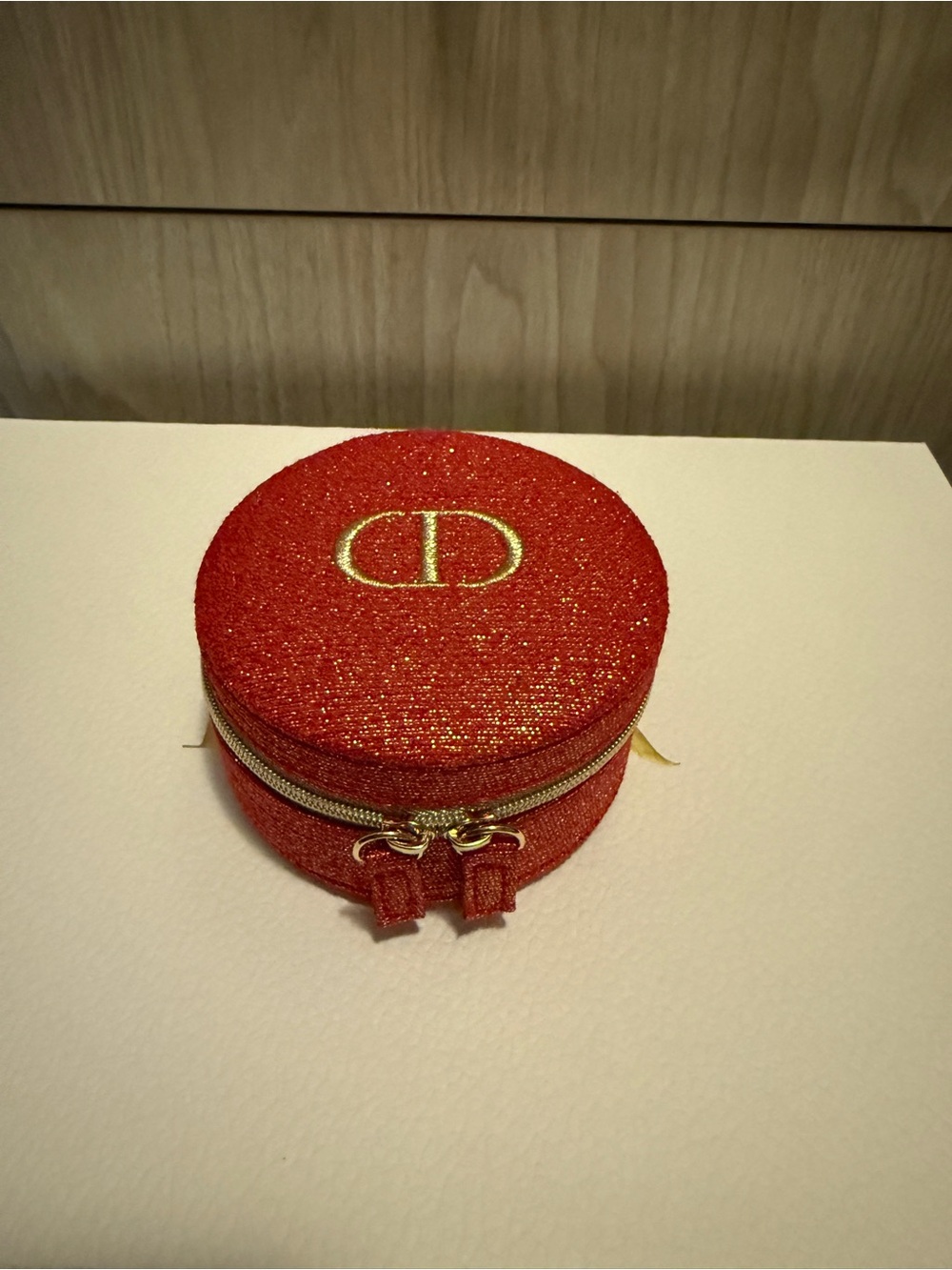 Dior Red Glitter Round Cosmetic Case with Gold Logo